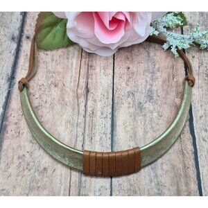 Brushed Gold Tone & Brown Faux Leather Structured Collar Choker Necklace 18"